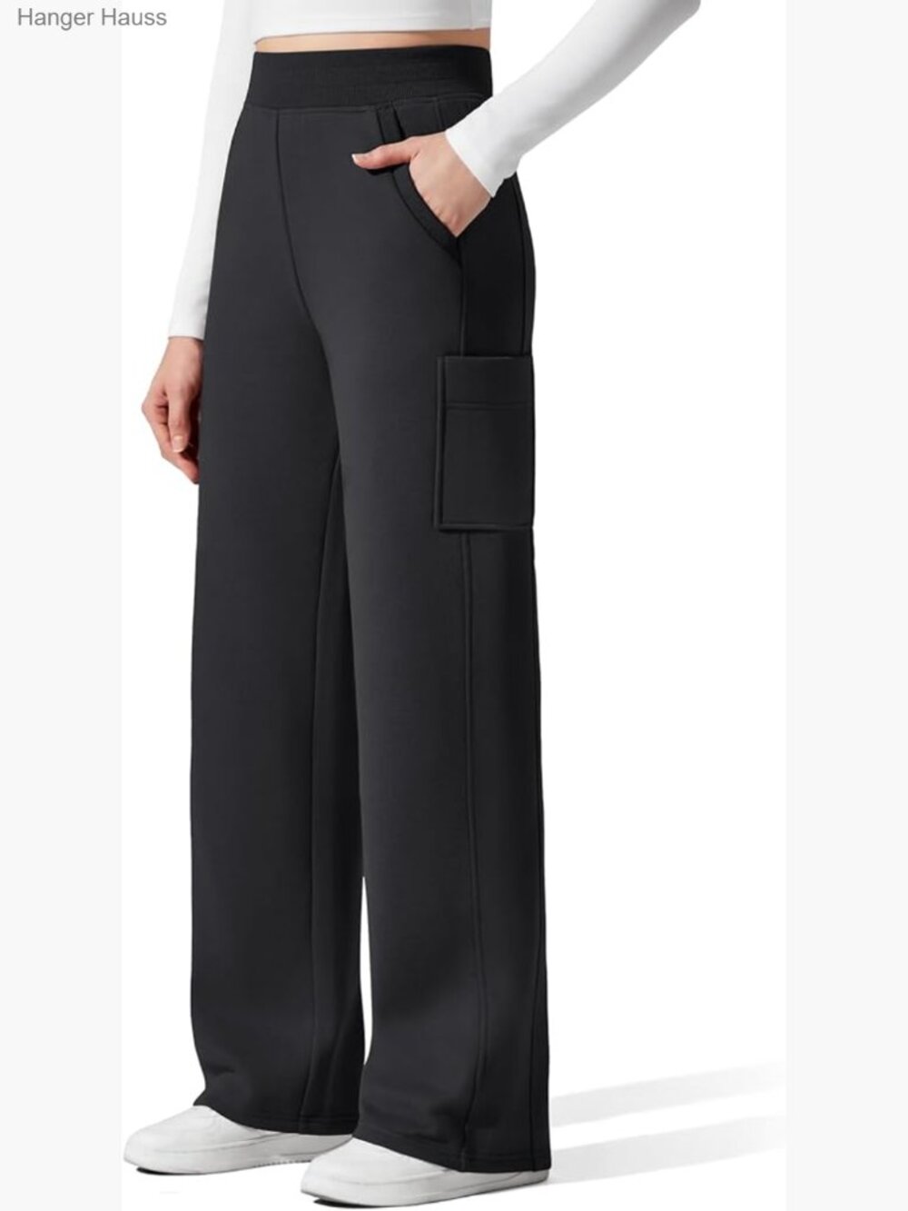 Fleece Lined Wide Leg Cargo Sweatpants Cotton Blend High Rise Winter